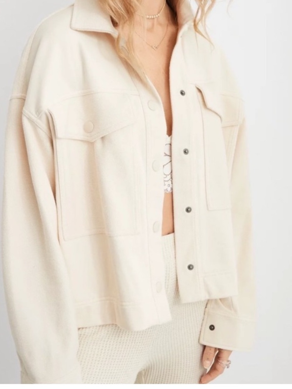 NWOT aerie Cream Oversized Button-Front fleece cropped Shacket Jacket size XXL